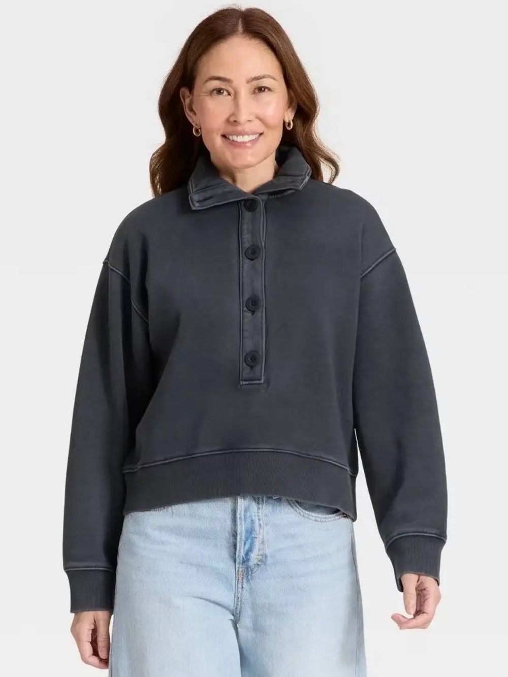Universal Threads Relaxed Pullover Button-Front Top in Charcoal Mineral Wash